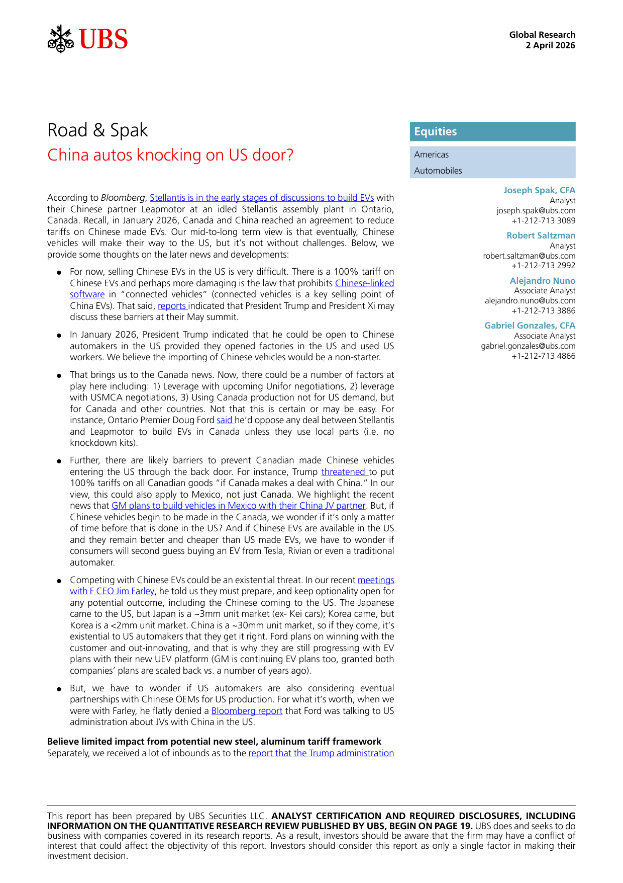 瑞银UBS：2026中国汽车在敲美国市场的大门？出海美国的机遇与挑战