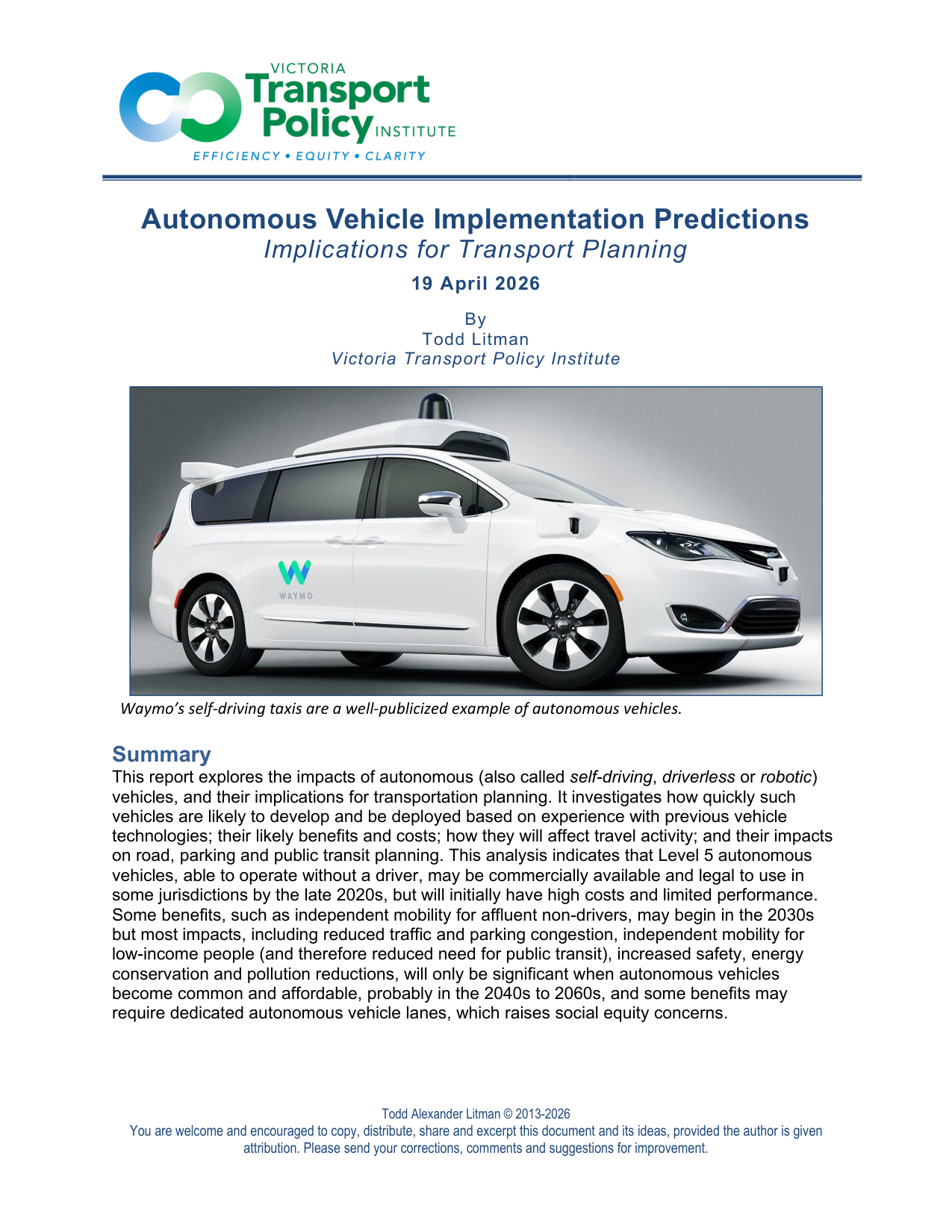 Autonomous Vehicle Implementation Predictions: Implications for Transport Planning