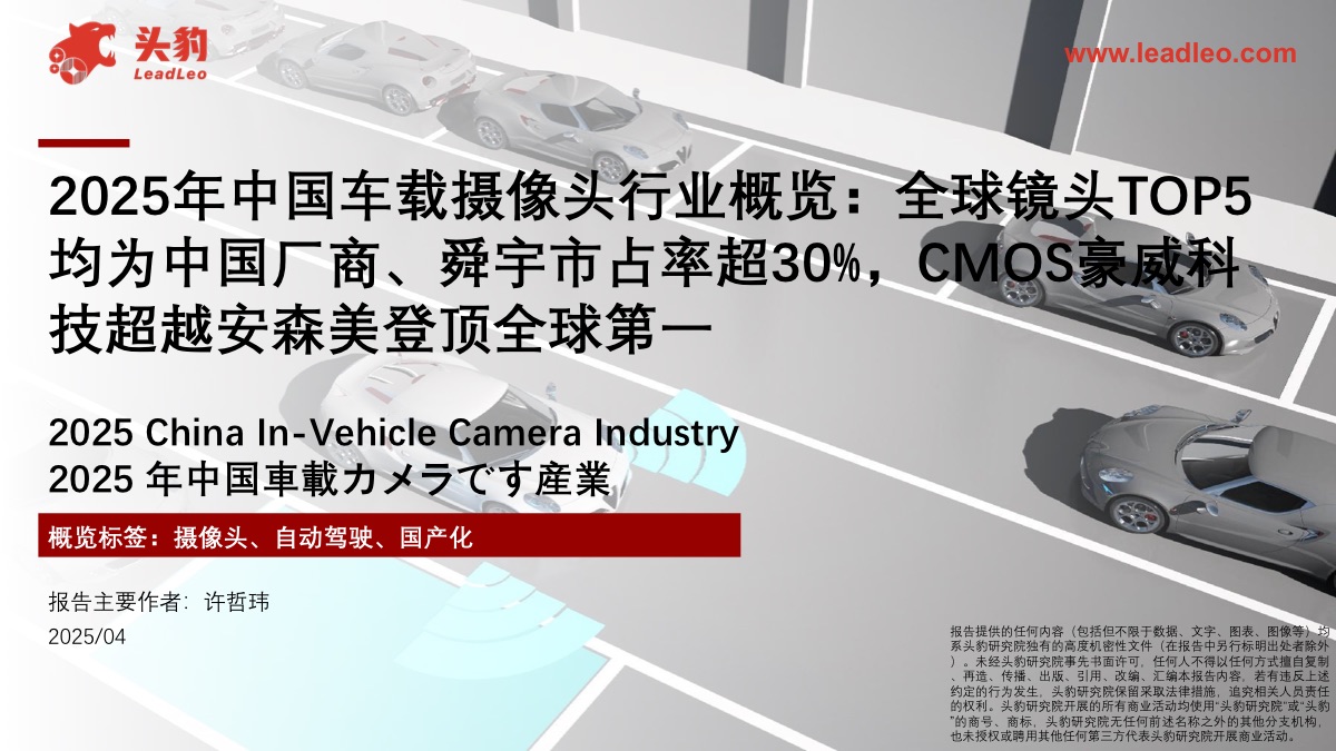 头豹研究院报告显示,中国车载摄像头市场规模预计从2025年280.65亿元增至2030年1,759.92亿元,CAGR高达44.37%,全球镜头TOP5均为中国厂商。