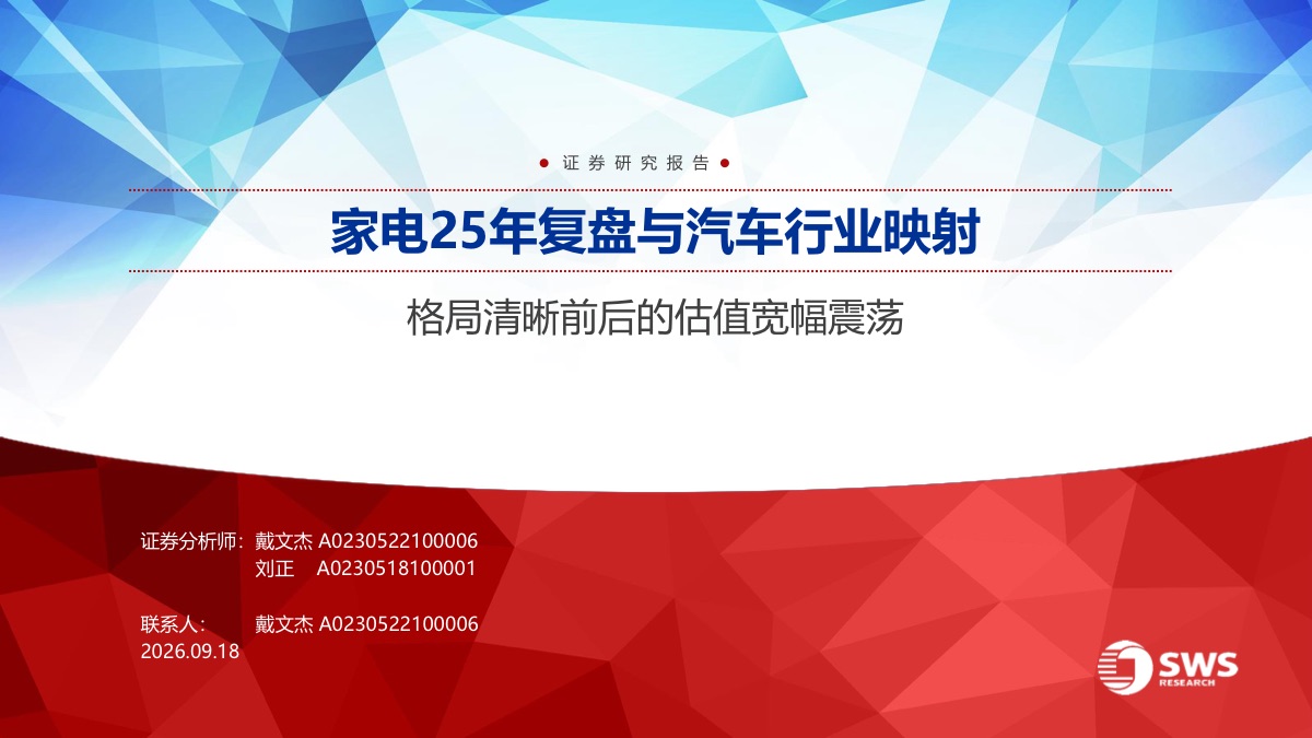 家电2025年复盘与汽车行业映射:格局清晰前后的估值宽幅震荡